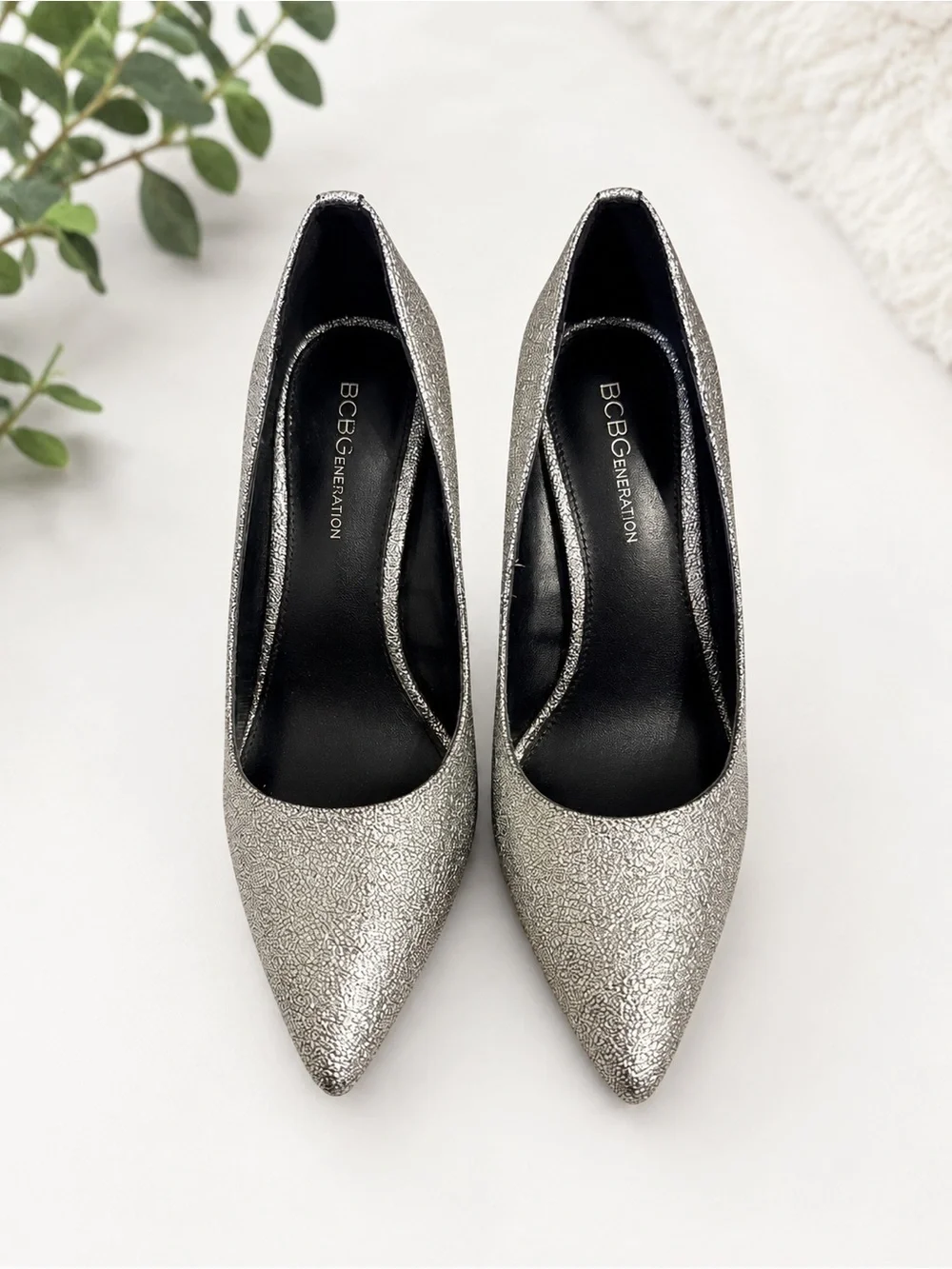 BCBGeneration Silver Glitter Pointed-Toe Pumps Size 7.5